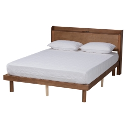 Baxton Studio Decker Mid-Century Modern Transitional Walnut Brown Finished Wood Queen Size Platform Bed with Charging Station